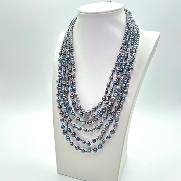 Jewelry - SOLD.  Elegant Six Layer, Black Pearl and Silver Crystal Necklace
